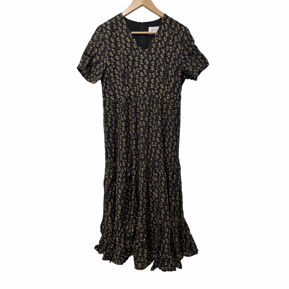 JessaKae Floral Tiered Textured Midi Dress L Black Cottage Modest‎ Trad Wife